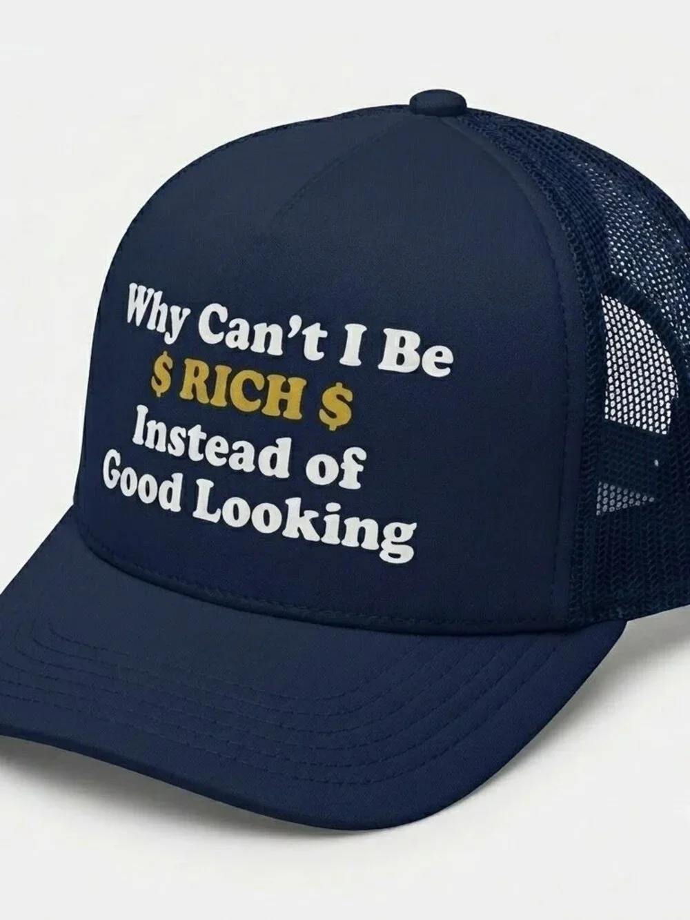 Retro Why Can't I Be Rich Foam Trucker Hat Navy Blue Funny Snapback Cap New Fun